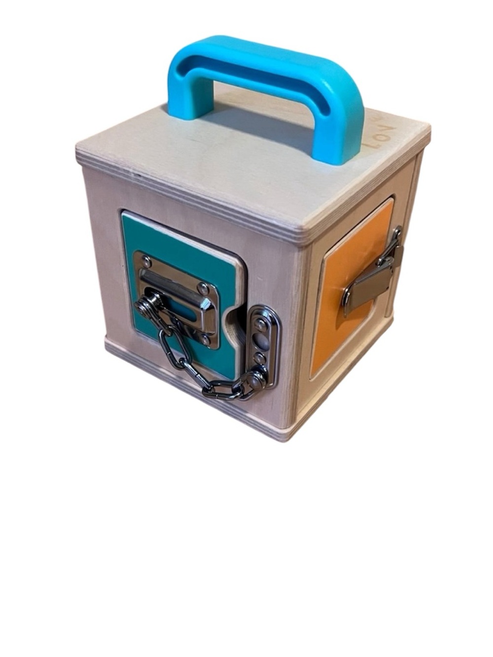 lovevery Wooden Activity Lock Box with Blue Handle and Multicolor Panels